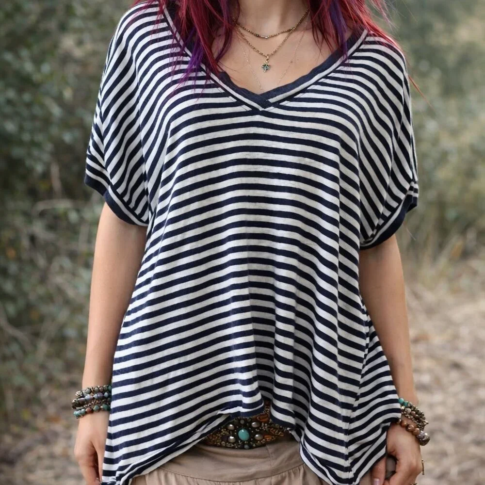 Free People We The Free Black & Cream Stripe Short Sleeve High Low Tunic